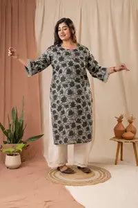 Amthi Lotus Kalamkari Green Print Cotton Kurta | Oversized Straight Fit