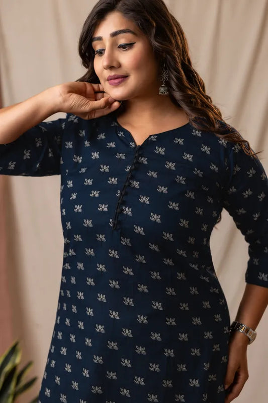 Amthi Lotus Print Navy Blue Cotton Kurta for Women | Sizes M to 6XL | Daily Wear Kurti