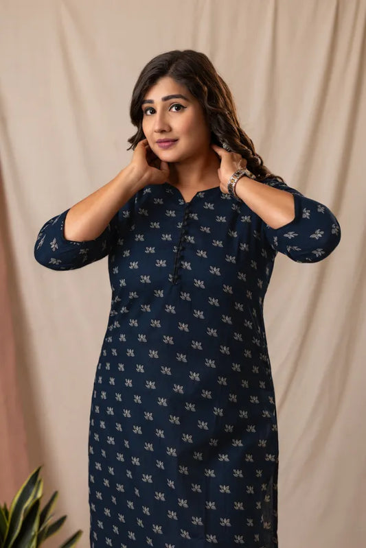 Amthi Lotus Print Navy Blue Cotton Kurta for Women | Sizes M to 6XL | Daily Wear Kurti