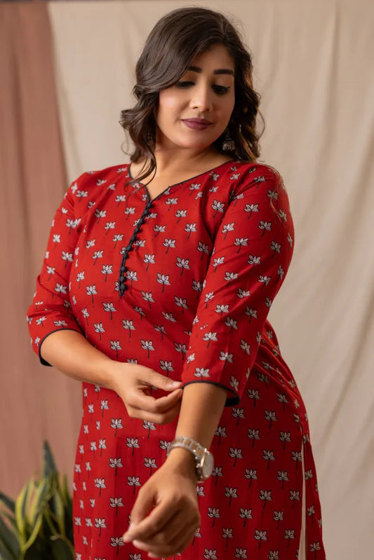 Amthi Lotus Print Red Cotton Kurta for Women | Sizes M to 6XL | Daily Wear Kurti