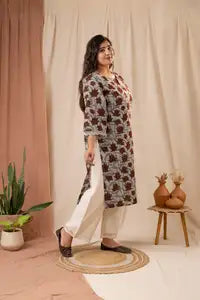 Amthi Maroon Cotton Lotus Kalamkari Straight Kurta For Women