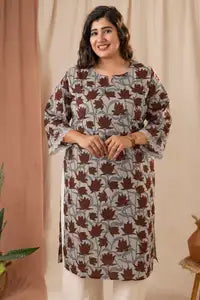 Amthi Maroon Cotton Lotus Kalamkari Straight Kurta For Women