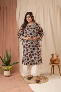 Amthi Maroon Cotton Lotus Kalamkari Straight Kurta For Women