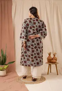 Amthi Maroon Cotton Lotus Kalamkari Straight Kurta For Women