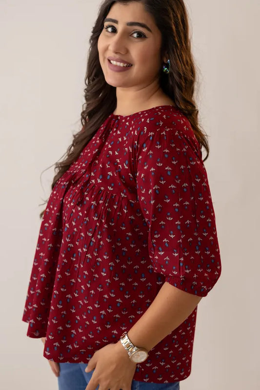 Amthi Maroon Cotton Tunic Top – Block Print Puff Sleeve Plus Size Top For Women