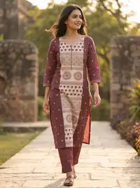 Amthi Mauve Straight Pure Linen Block Print Kurta for Women