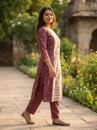 Amthi Mauve Straight Pure Linen Block Print Kurta for Women