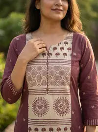 Amthi Mauve Straight Pure Linen Block Print Kurta for Women