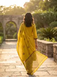Amthi Mustard Pure Cotton Kurta Set | 3 Pc Suit with Dupatta | Block Print |