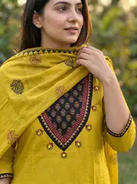 Amthi Mustard Pure Cotton Kurta Set | 3 Pc Suit with Dupatta | Block Print |
