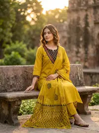 Amthi Mustard Pure Cotton Kurta Set | 3 Pc Suit with Dupatta | Block Print |