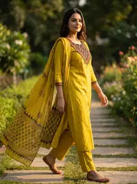 Amthi Mustard Pure Cotton Kurta Set | 3 Pc Suit with Dupatta | Block Print |