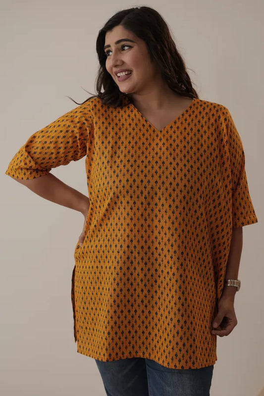 Amthi Mustard Yellow Plus Size Cotton Tunic Kurti | Casual & Office Wear Short Kurti