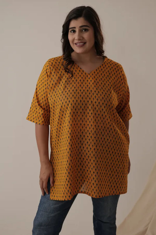 Amthi Mustard Yellow Plus Size Cotton Tunic Kurti | Casual & Office Wear Short Kurti