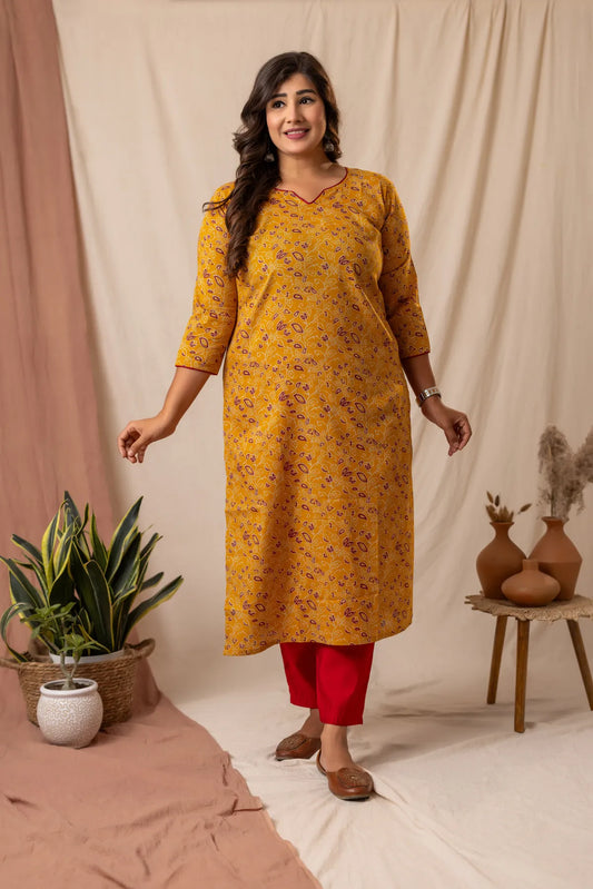 Amthi Mustard Pure Cotton Printed Straight Kurta | Daily Wear Kurti