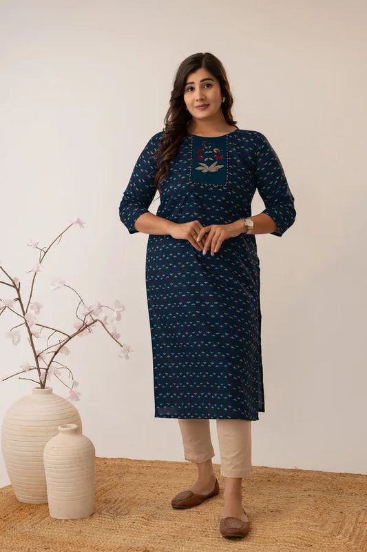 Amthi Navy Blue Cotton Kurta for Women – Floral Printed Straight Kurti | Summer Office Wear | Plus Size M to 6XL