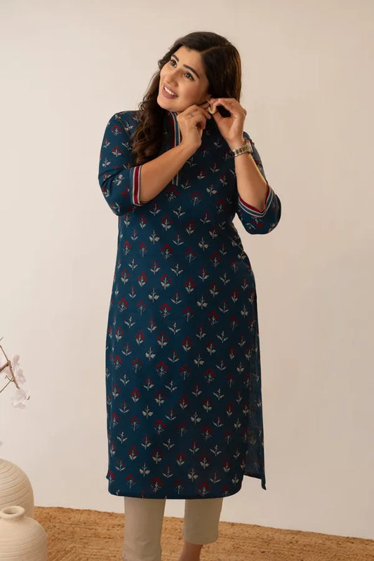Amthi Navy Blue Floral Printed Cotton Kurta for Women | Daily & Office Wear Kurti