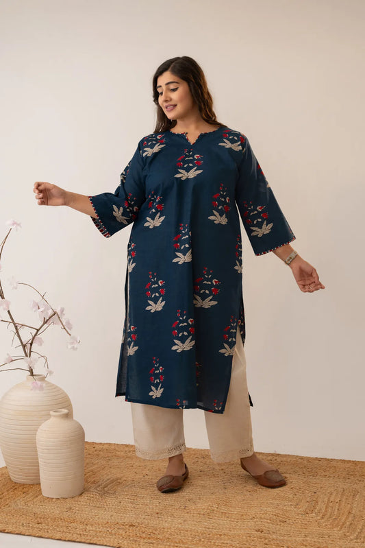 Amthi Pure Cotton Navy Blue Oversized Printed Kurta for Women
