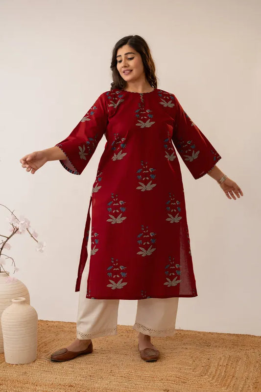 Amthi Pure Cotton Oversized Printed Red Kurta for Women