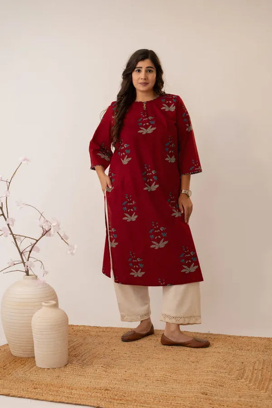 Amthi Pure Cotton Oversized Printed Red Kurta for Women