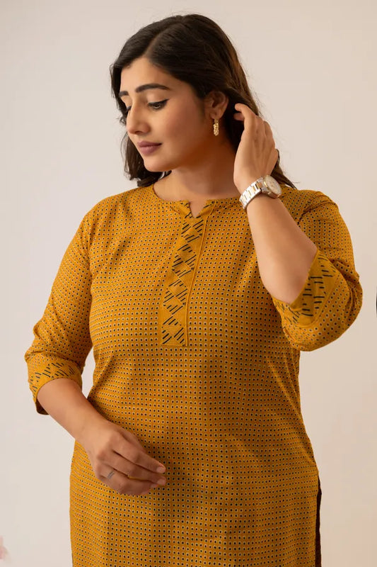 Amthi Mustard Pure Cotton Printed Straight Kurta for Women