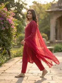 Amthi Rani Pink Pure Cotton Suit Set | Floral Butta Kurta with Lace Work | 3-Piece Set
