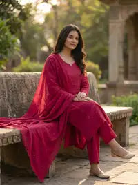 Amthi Rani Pink Pure Cotton Suit Set | Floral Butta Kurta with Lace Work | 3-Piece Set