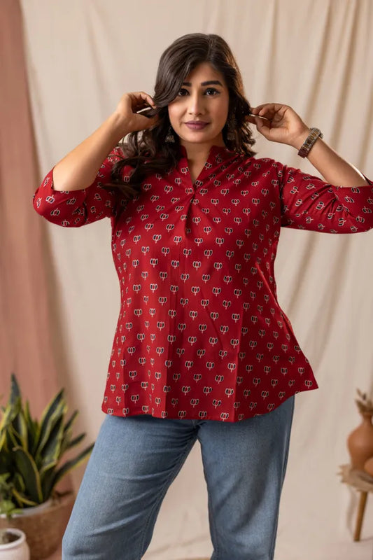 Amthi Red Cotton Lotus Printed Tunic Daily Wear Top For Women