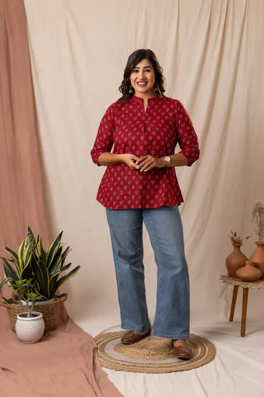 Amthi Red Cotton Lotus Printed Tunic Daily Wear Top For Women