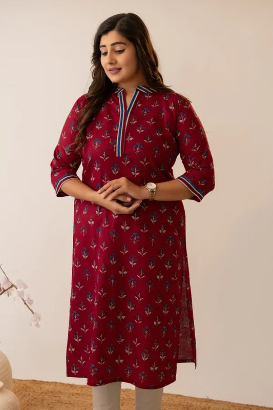Amthi Red Floral Printed Cotton Kurta for Women | Daily & Office Wear Kurti