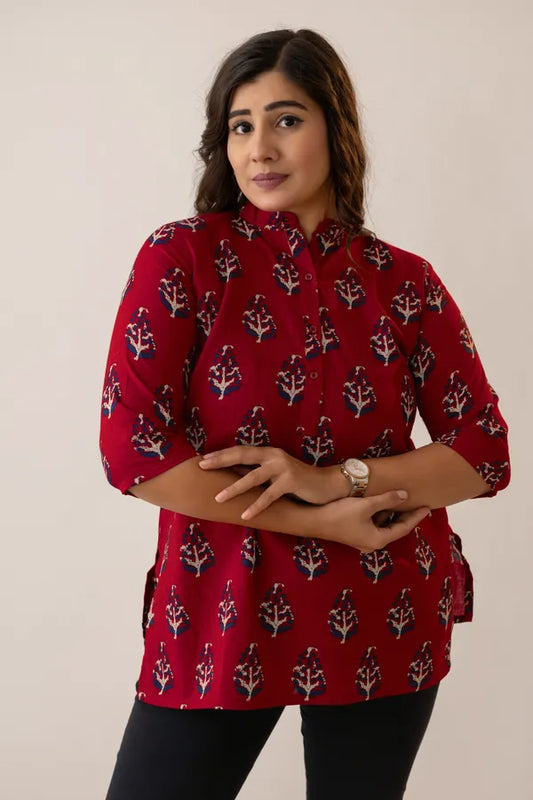 Amthi Red Block Printed Cotton Tunic Top | Casual & Office Wear Short Kurti