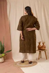 Amthi Straight Brown Cotton Kurti for Women| Casual Wear Printed Kurta