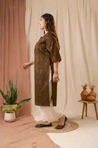 Amthi Straight Brown Cotton Kurti for Women| Casual Wear Printed Kurta