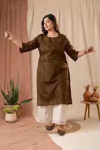 Amthi Straight Brown Cotton Kurti for Women| Casual Wear Printed Kurta