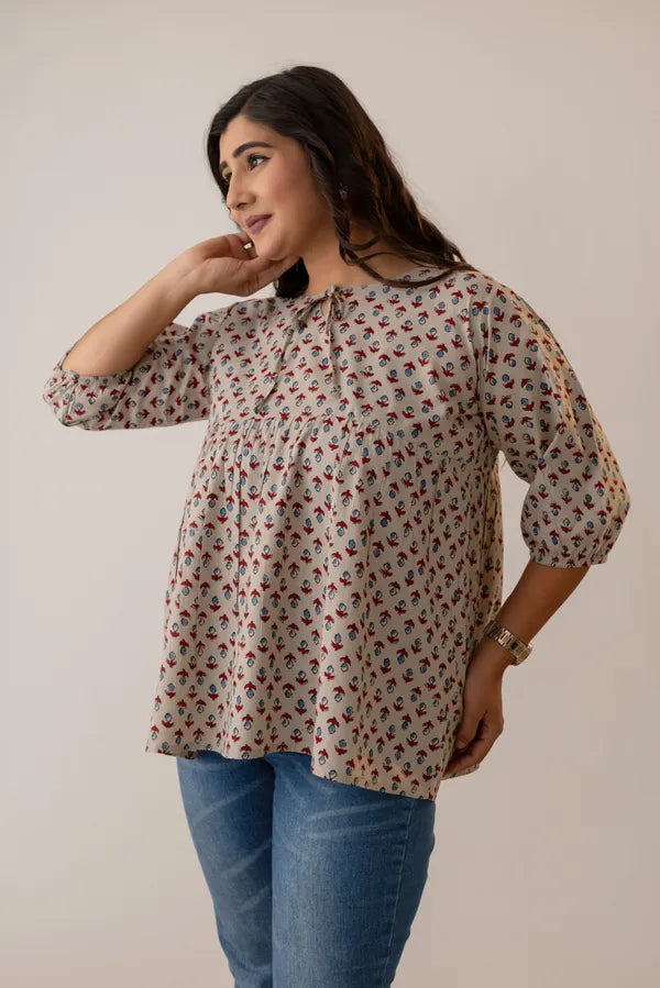 Amthi Women Cream Cotton Tunic Top | Hand Block Print Puff Sleeve