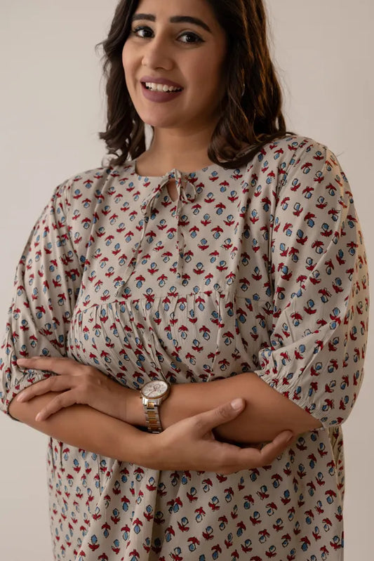 Amthi Women Cream Cotton Tunic Top | Hand Block Print Puff Sleeve