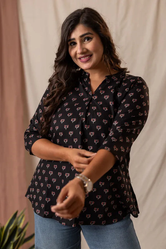 Amthi Black Cotton Lotus Printed Tunic Kurti Top for Women