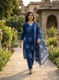 Amthi Women's Navy Blue & White Printed Pure Cotton Kurta with Trousers & Dupatta Set