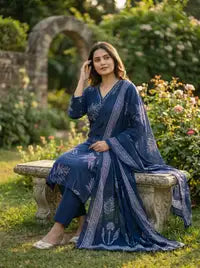 Amthi Women's Navy Blue & White Printed Pure Cotton Kurta with Trousers & Dupatta Set