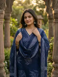 Amthi Women's Navy Blue & White Printed Pure Cotton Kurta with Trousers & Dupatta Set