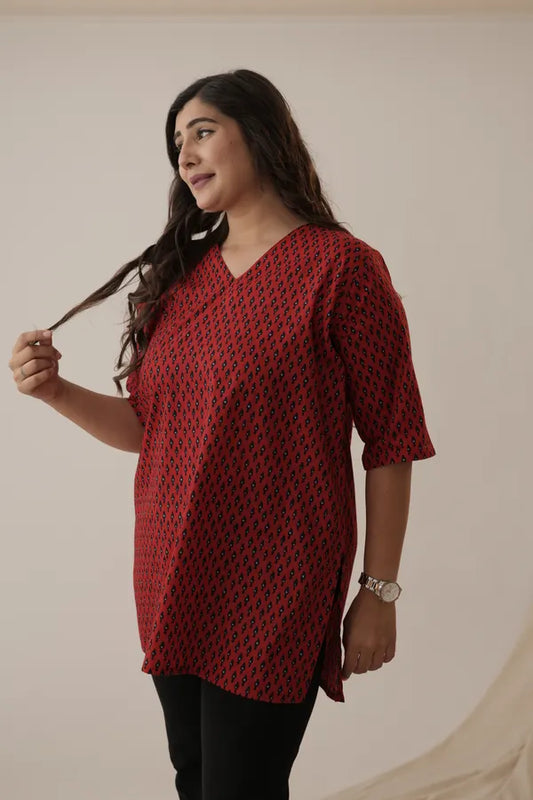 Amthi Women’s Maroon Plus Size Cotton Printed Tunic | Casual & Office Wear Short Kurti