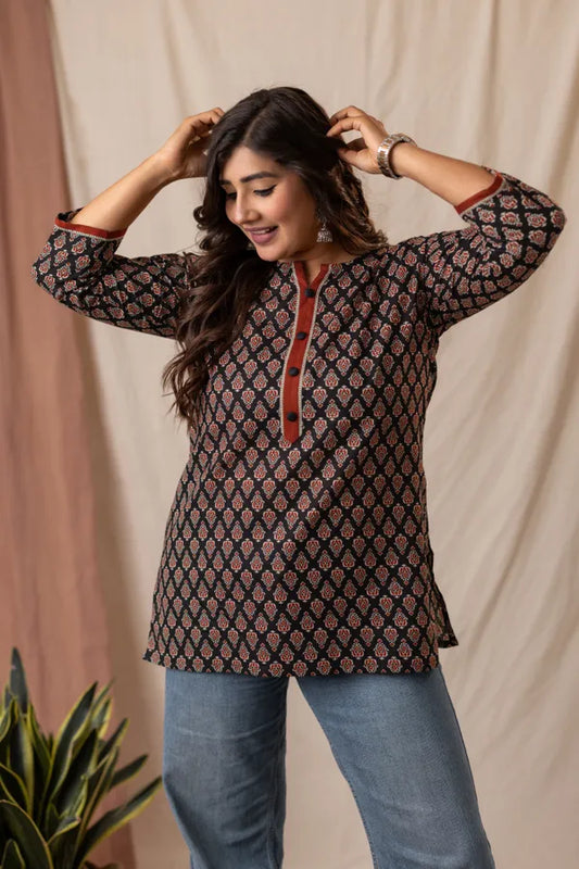 Amthi Rayon Ajrakh Printed Short Kurti | Daily Office Wear Tunic