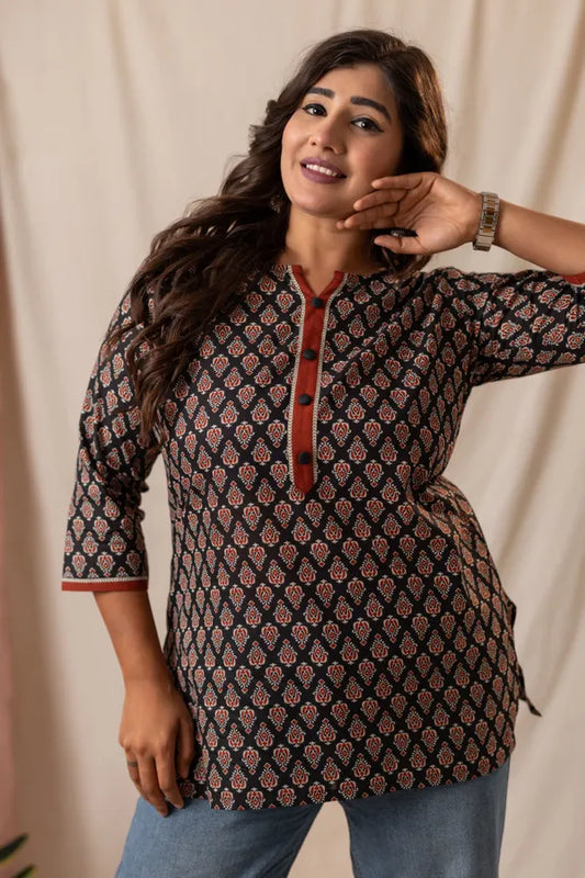 Amthi Rayon Ajrakh Printed Short Kurti | Daily Office Wear Tunic