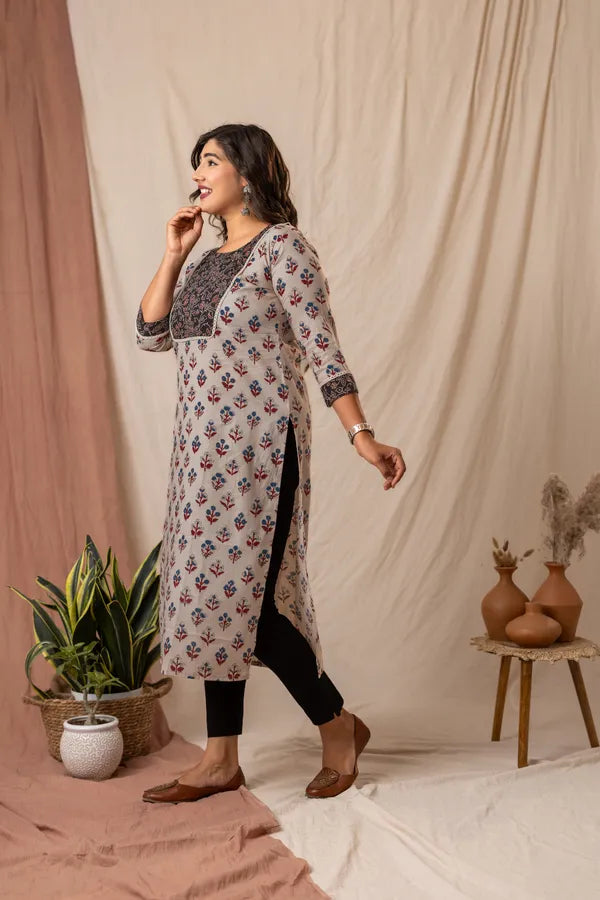 Amthi Beige Rayon Floral Printed Straight Kurta For Women