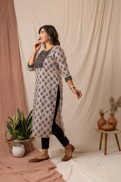 Amthi Beige Rayon Floral Printed Straight Kurta For Women