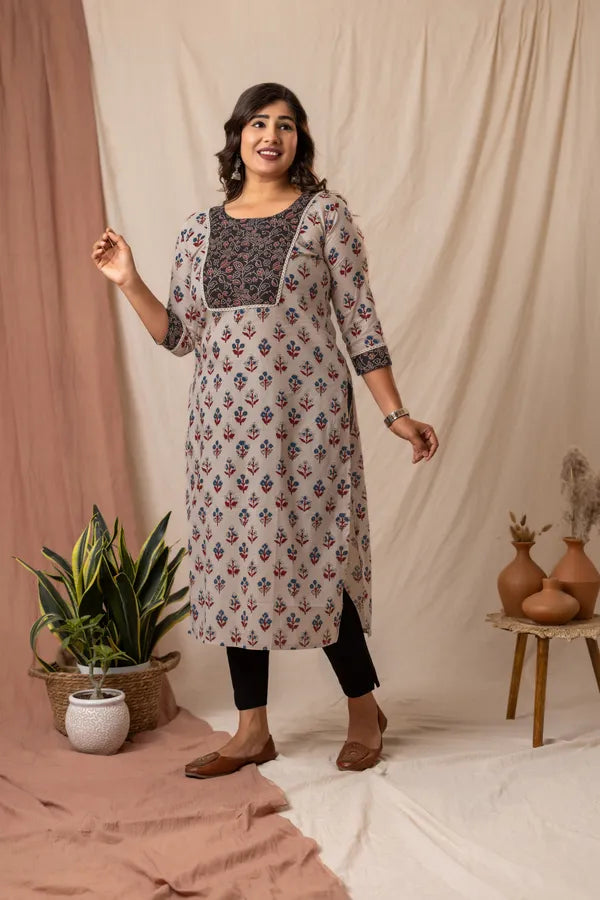 Amthi Beige Rayon Floral Printed Straight Kurta For Women