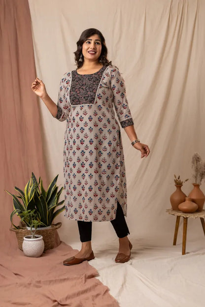 Amthi Beige Rayon Floral Printed Straight Kurta For Women