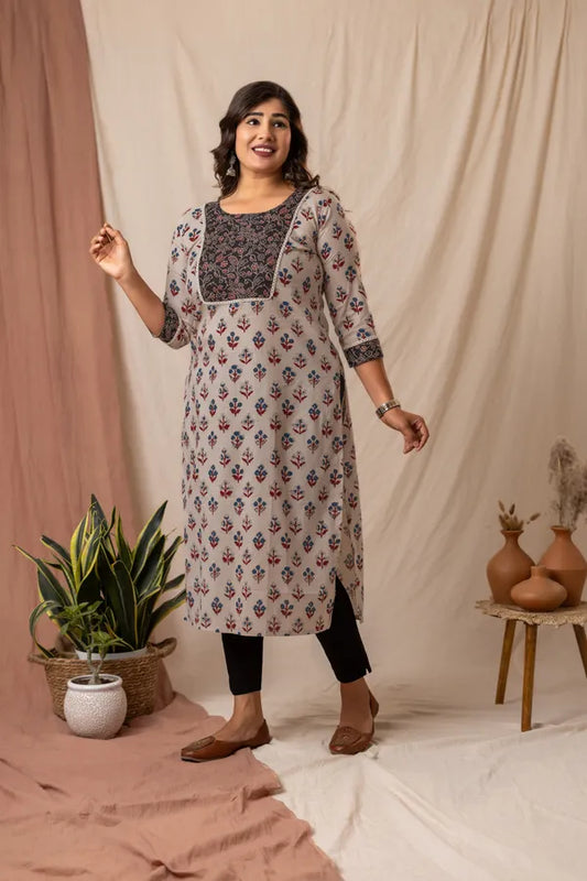 Amthi Beige Rayon Floral Printed Straight Kurta For Women