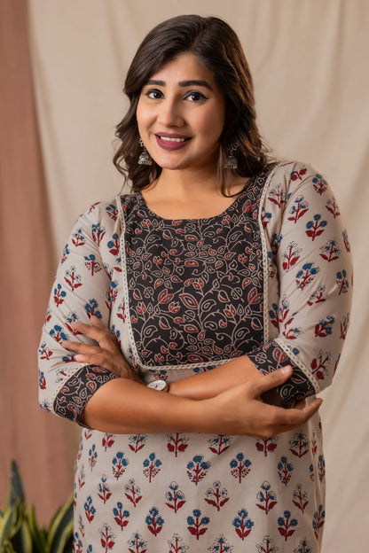 Amthi Beige Rayon Floral Printed Straight Kurta For Women