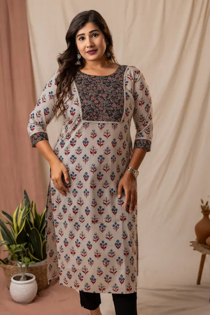 Amthi Beige Rayon Floral Printed Straight Kurta For Women